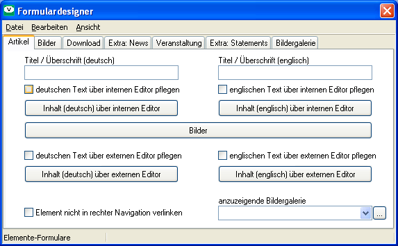 Formular mit Eingabefeldern für deutsch und englisch. 